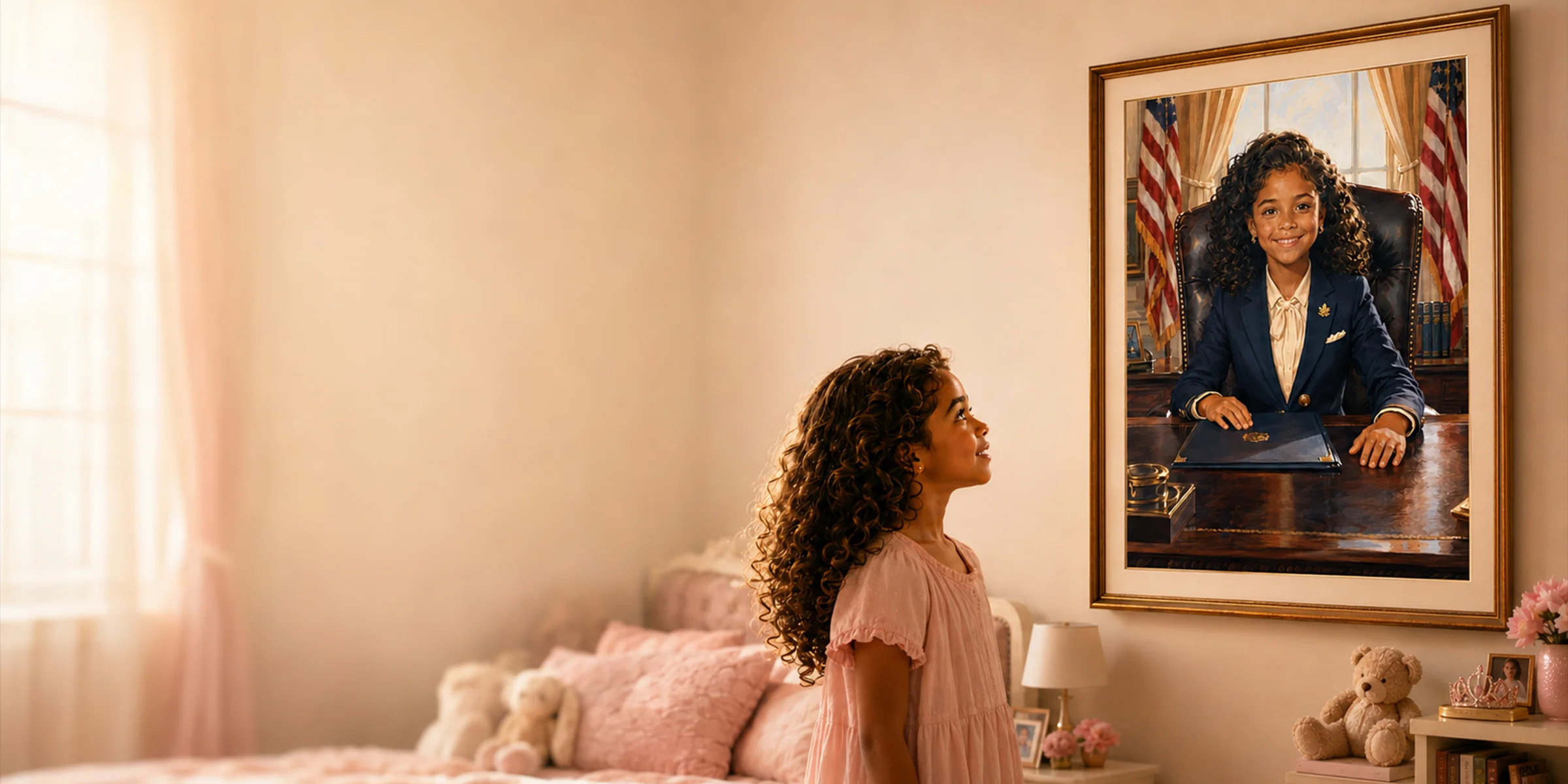 A little girl inspired by her future-president portrait