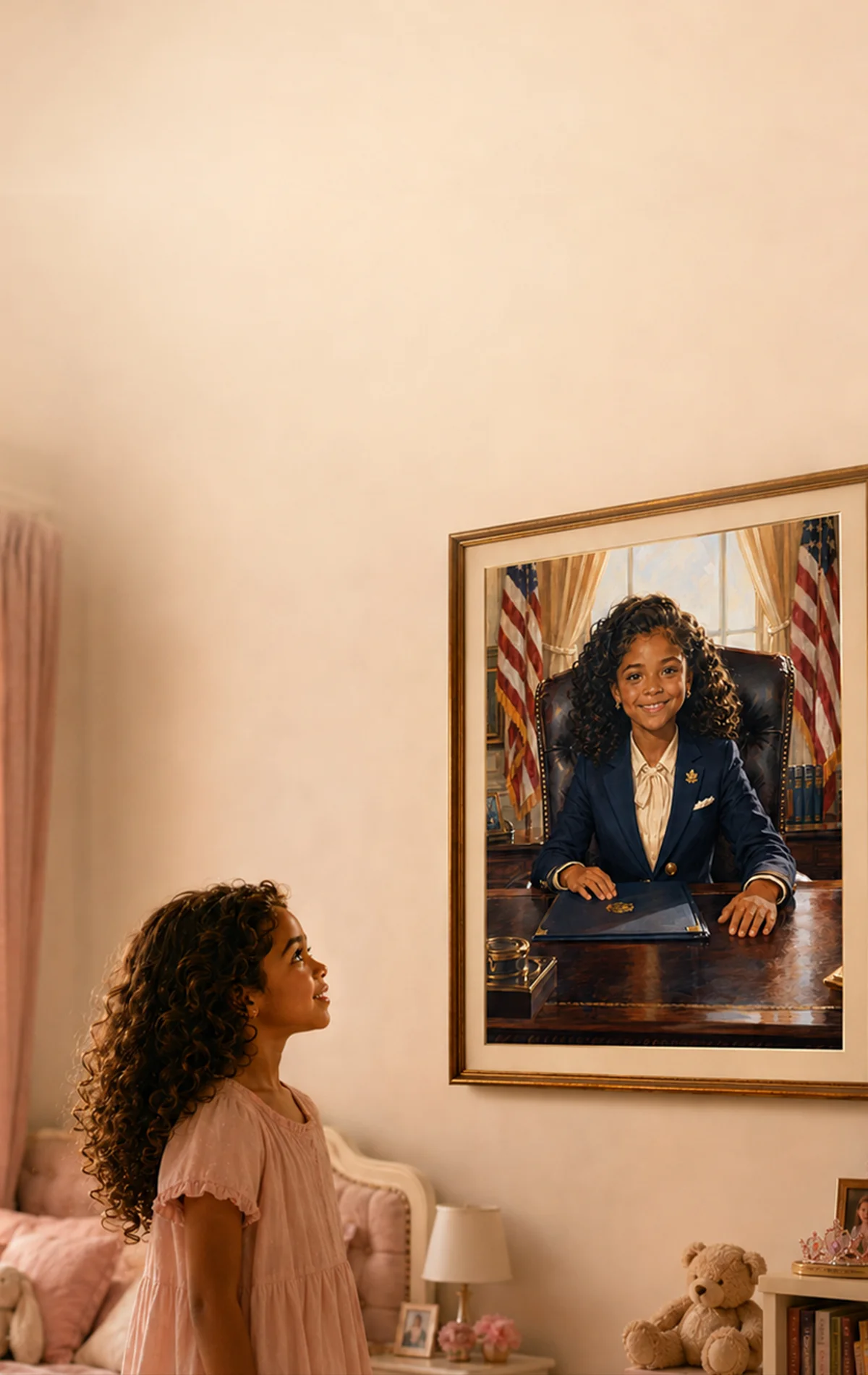 A little girl seeing herself as a future president in a framed portrait