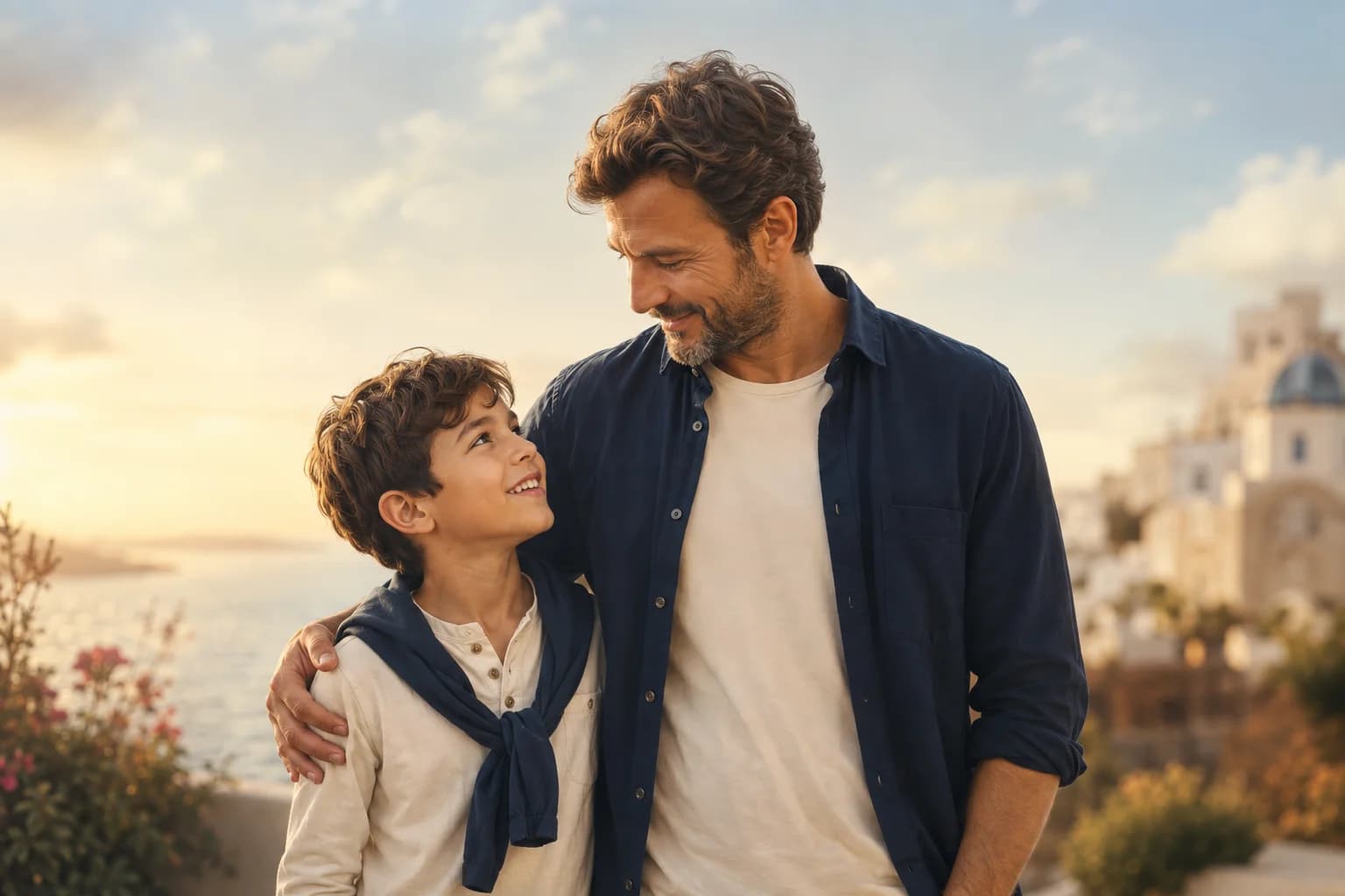 A parent and child smiling at each other in warm evening light