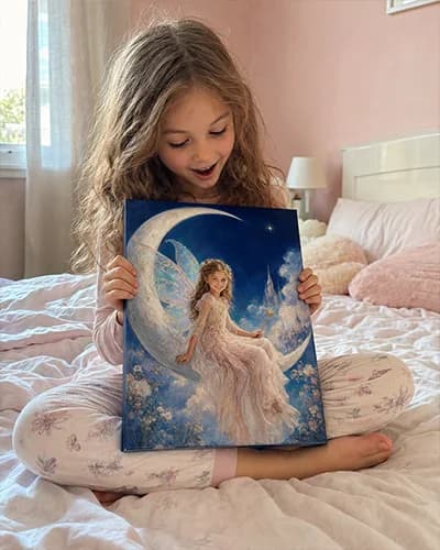 A smiling child holding her personalized crescent princess canvas portrait