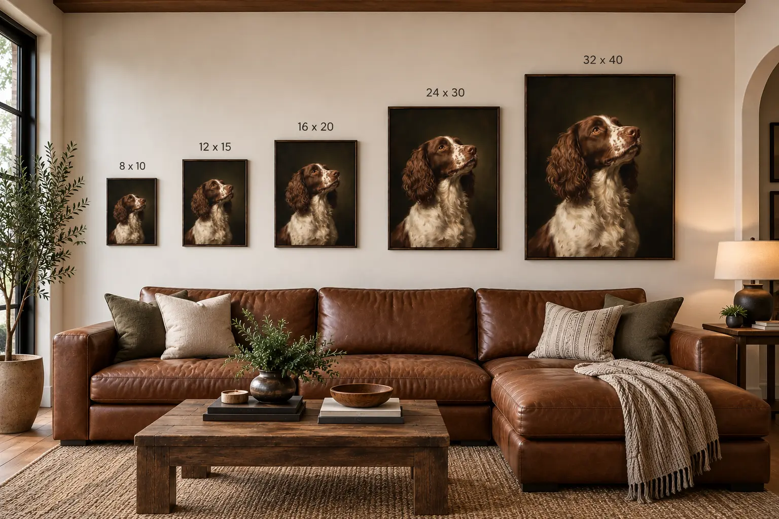 Portrait size comparison showing 8 by 10, 12 by 15, 16 by 20, 24 by 30, and 32 by 40 inch artwork above a sofa